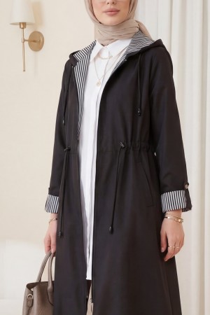 Beli Lastikli Kolu Katlamalı Kapşonlu Trenckot -Siyah