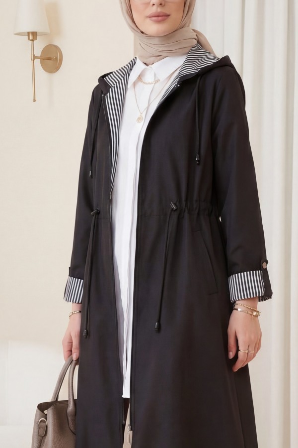 Elastic Waist Folded Arms Hooded Trench Coat -Black