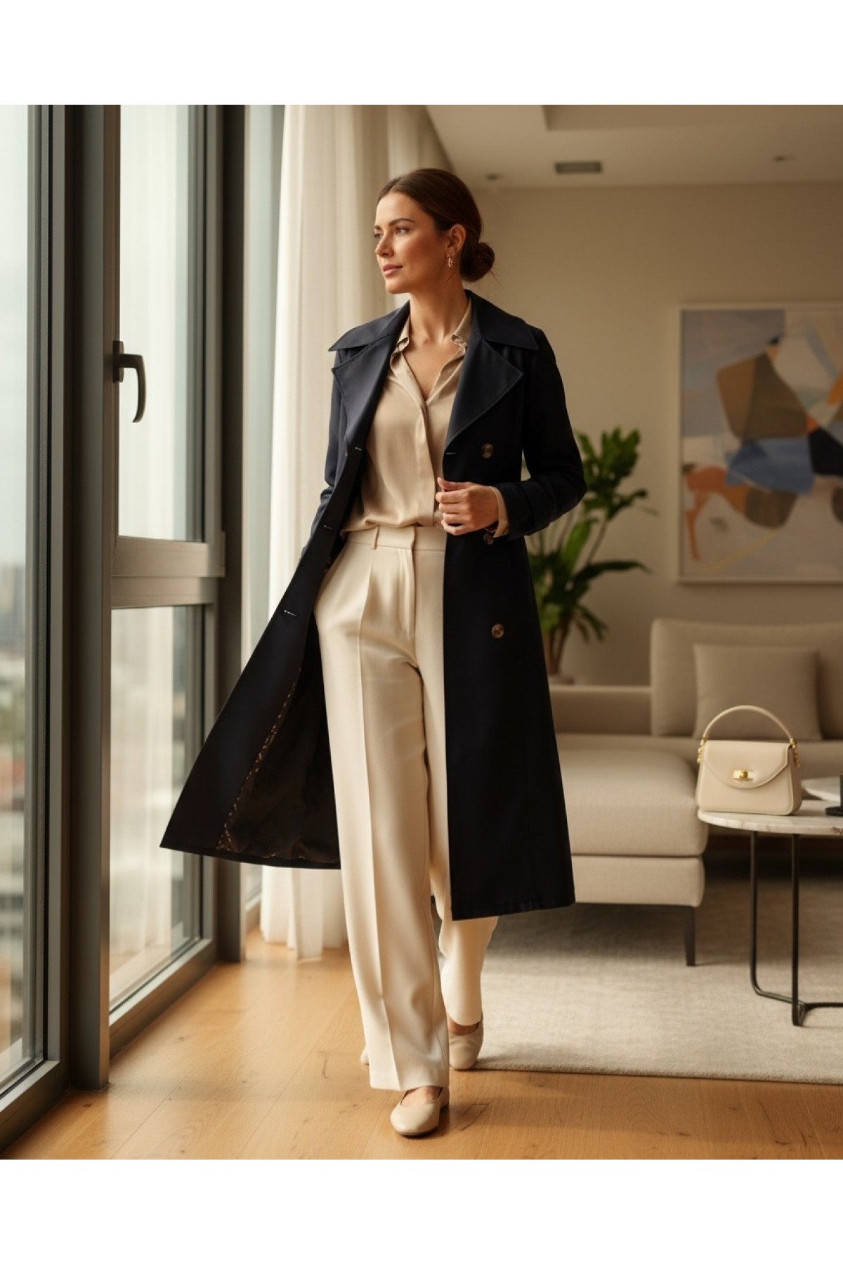 Buttoned Tie Waist Arm Epaulette Trench Coat -Black