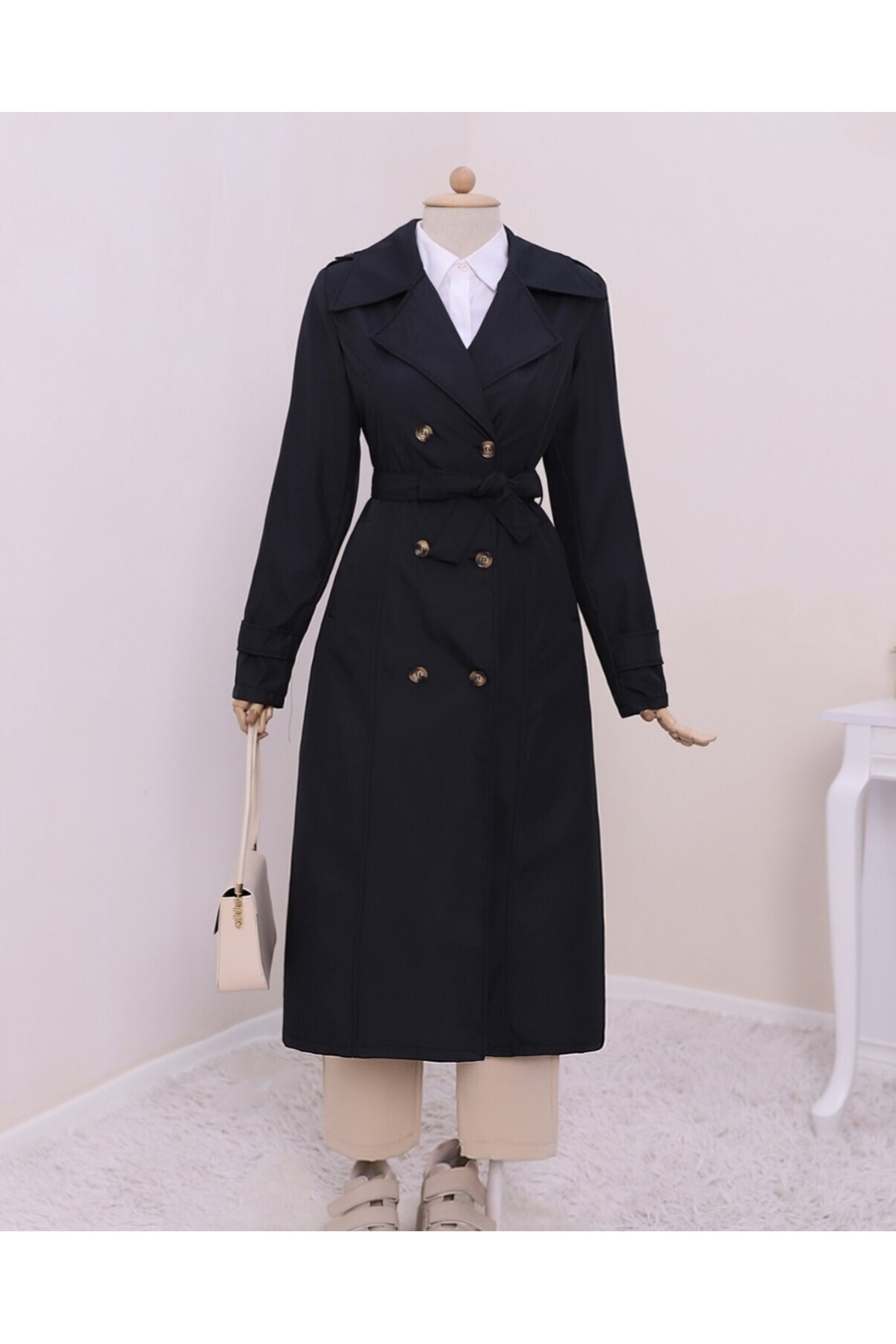 Buttoned Tie Waist Arm Epaulette Trench Coat -Black