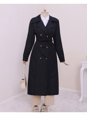 Düğmeli Beli Bağlamalı Kolu Apoletli Trençkot -Siyah
