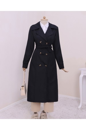 Düğmeli Beli Bağlamalı Kolu Apoletli Trençkot -Siyah