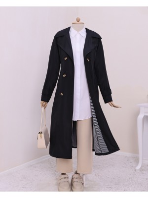 Düğmeli Beli Bağlamalı Kolu Apoletli Trençkot -Siyah