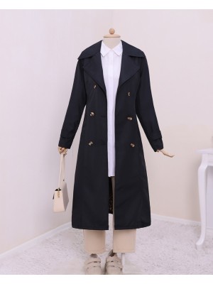 Düğmeli Beli Bağlamalı Kolu Apoletli Trençkot -Siyah