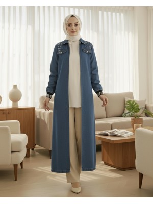 Omuzu İncili Ribanalı Fermuarlı Uzun Kot Kap -İndigo