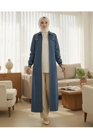 Omuzu İncili Ribanalı Fermuarlı Uzun Kot Kap -İndigo