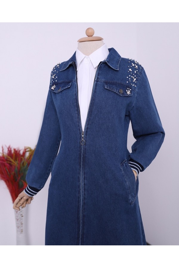 Pearly Shoulder Ribbed Zippered Long Denim Cap -İndigo