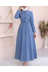 İnci Detaylı Tünel Bağcıklı Uzun  Kot Elbise -Buz Mavi