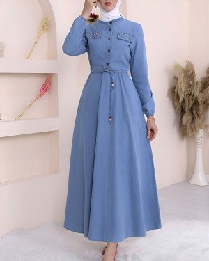 İnci Detaylı Tünel Bağcıklı Uzun  Kot Elbise -Buz Mavi