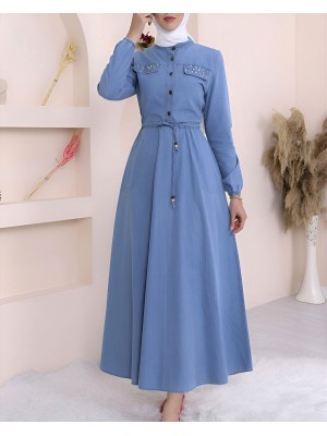 İnci Detaylı Tünel Bağcıklı Uzun  Kot Elbise -Buz Mavi