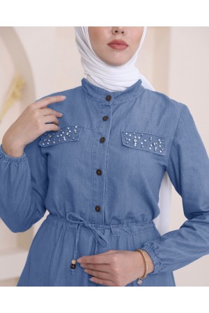 İnci Detaylı Tünel Bağcıklı Uzun  Kot Elbise -Buz Mavi