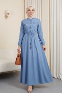 İnci Detaylı Tünel Bağcıklı Uzun  Kot Elbise -Buz Mavi