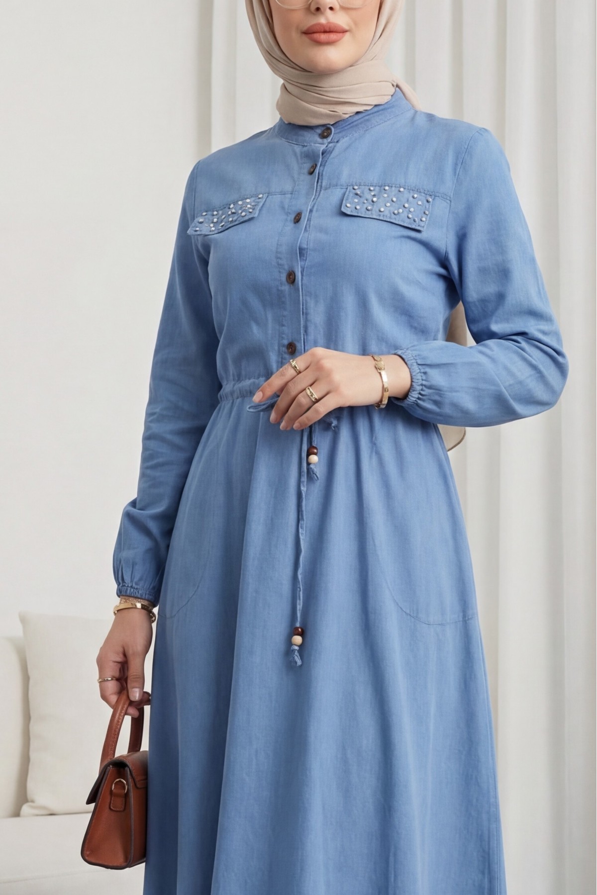 Pearl Detailed Tunnel Lace Long Denim Dress -Ice Blue