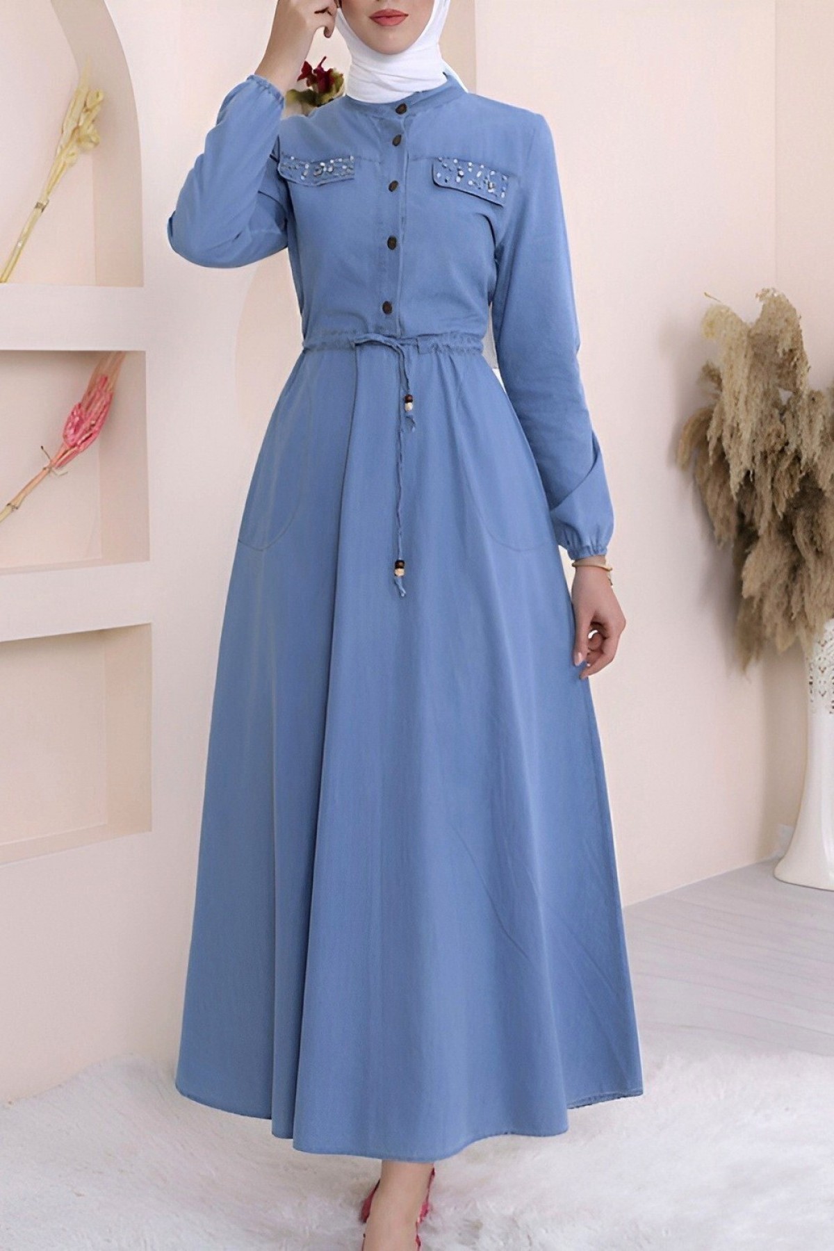 Pearl Detailed Tunnel Lace Long Denim Dress -Ice Blue