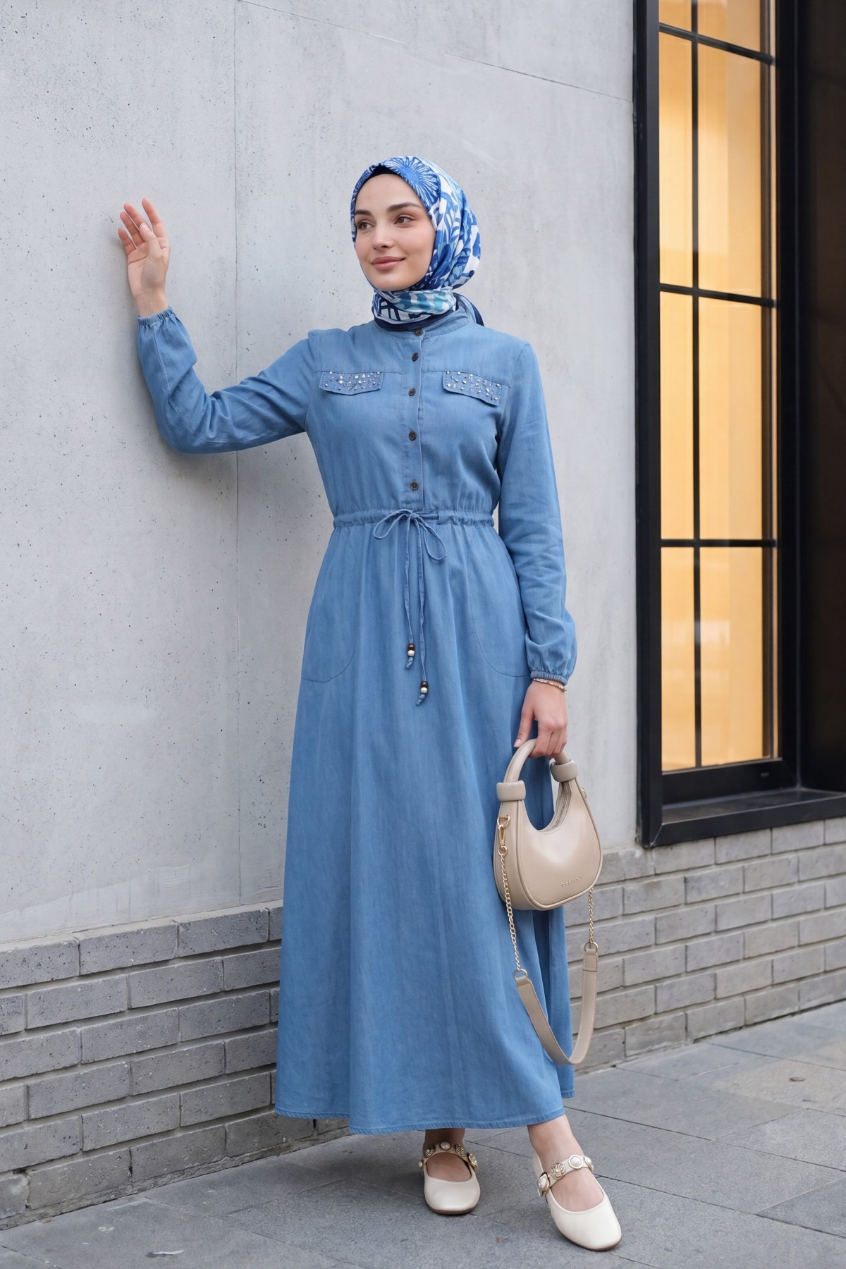 Pearl Detailed Tunnel Lace Long Denim Dress -Ice Blue