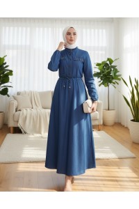İnci Detaylı Tünel Bağcıklı Uzun  Kot Elbise -İndigo