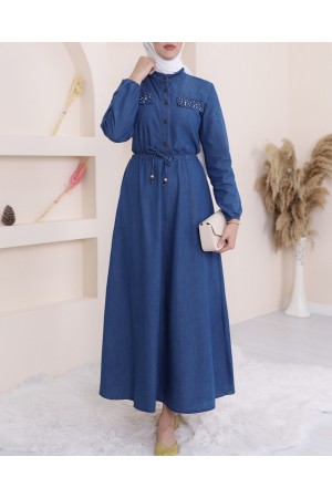 İnci Detaylı Tünel Bağcıklı Uzun  Kot Elbise -İndigo
