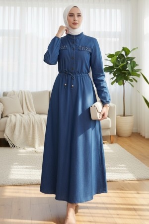 İnci Detaylı Tünel Bağcıklı Uzun  Kot Elbise -İndigo