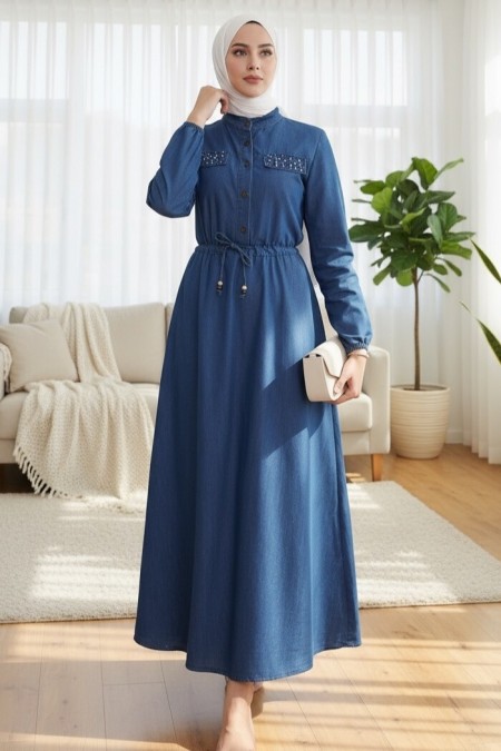 İnci Detaylı Tünel Bağcıklı Uzun  Kot Elbise -İndigo