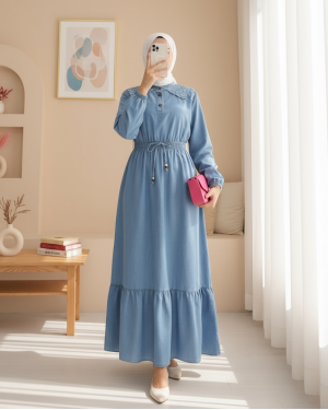 Omuzu İncili Beli Lastikli Parçalı Uzun Kot Elbise -Buz Mavi