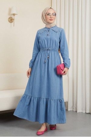 Omuzu İncili Beli Lastikli Parçalı Uzun Kot Elbise -Buz Mavi