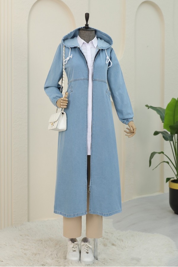 Side Pockets Elastic Sleeve Hooded Denim Cap -Light blue