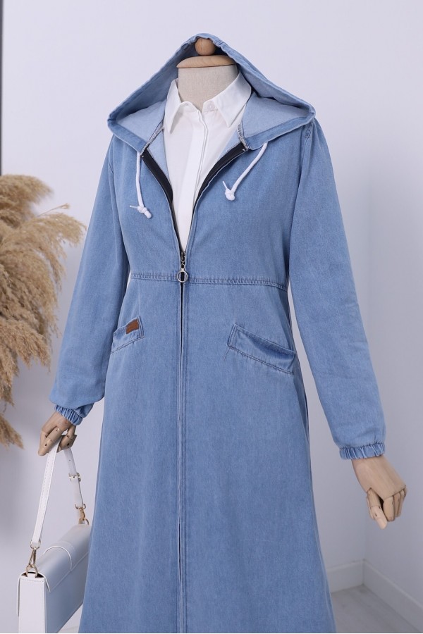 Side Pockets Elastic Sleeve Hooded Denim Cap -Light blue