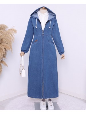 Yan Cepli Kolu Lastikli Kapşonlu Kot Kap -İndigo