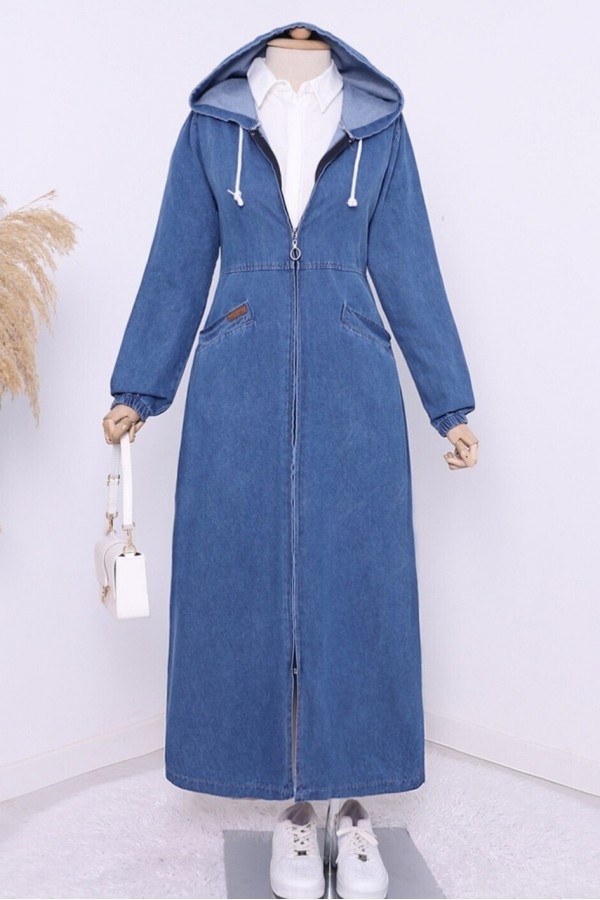 Side Pockets Elastic Sleeve Hooded Denim Cap -İndigo