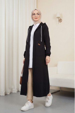 Yan Cepli Kolu Lastikli Kapşonlu Kot Kap  -Siyah