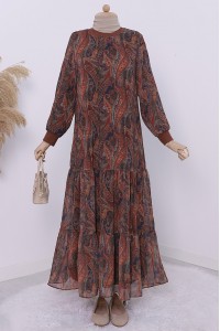 Etnik Desen Eteği Parçalı Astarlı Şifon Elbise -Kahve