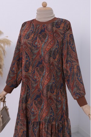 Etnik Desen Eteği Parçalı Astarlı Şifon Elbise -Kahve