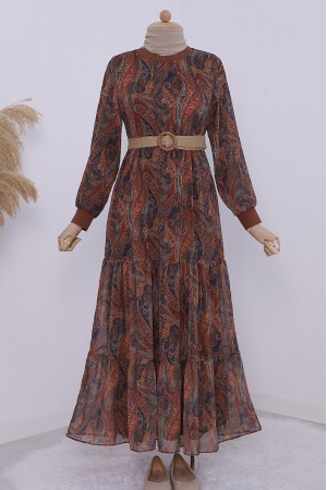 Etnik Desen Eteği Parçalı Astarlı Şifon Elbise -Kahve