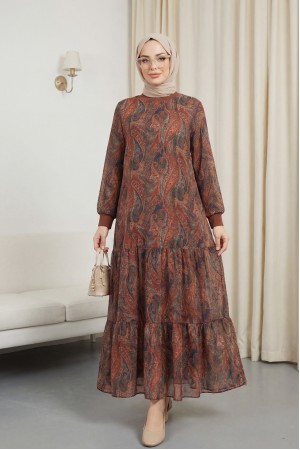 Etnik Desen Eteği Parçalı Astarlı Şifon Elbise -Kahve