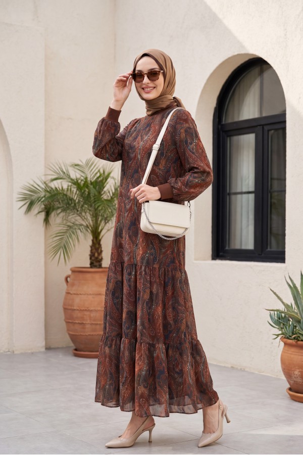 Ethnic Pattern Skirt Piece Lined Chiffon Dress -Brown