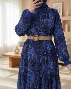 Etnik Desen Eteği Parçalı Astarlı Şifon Elbise -Laci