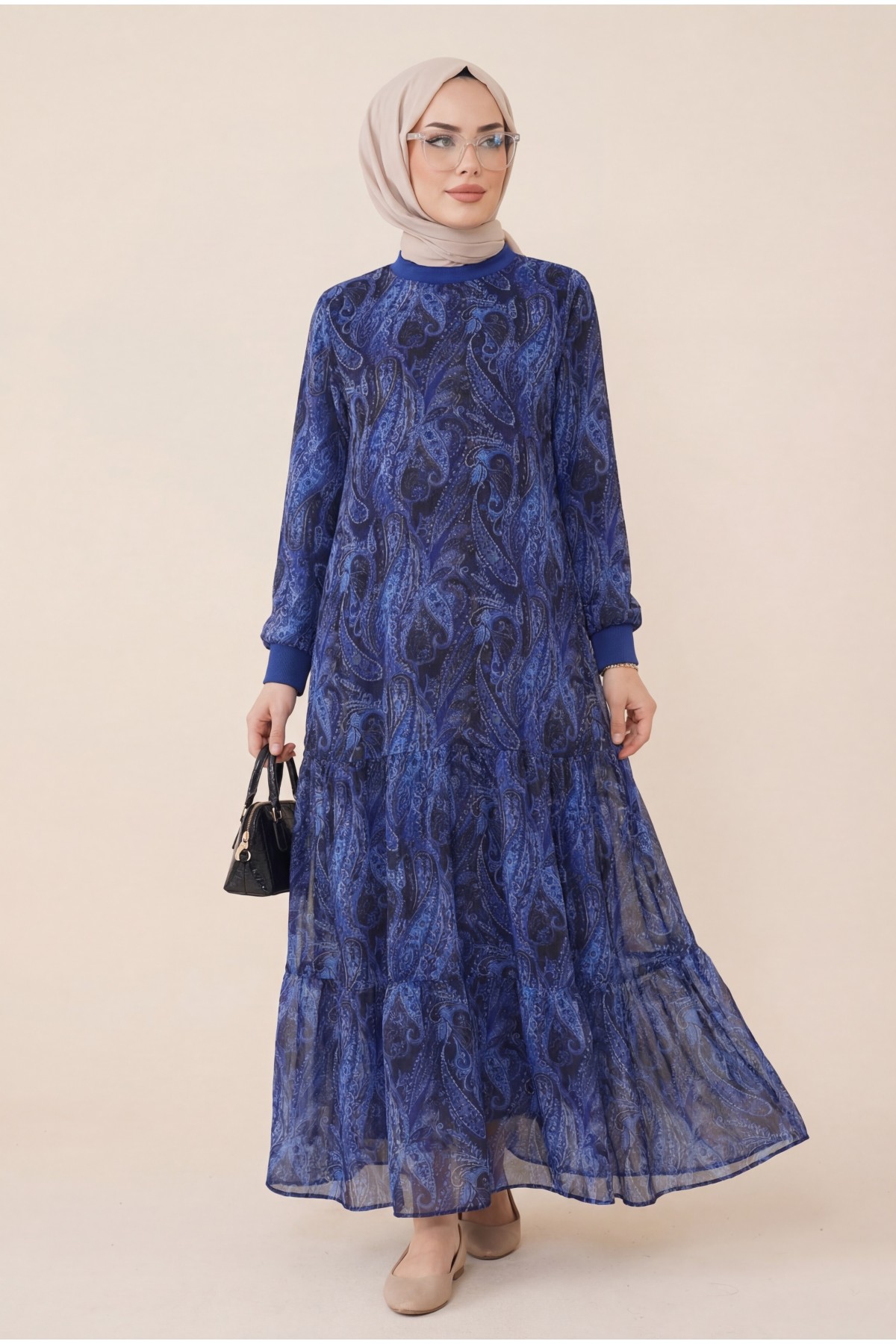 Ethnic Pattern Skirt Piece Lined Chiffon Dress -Navy blue