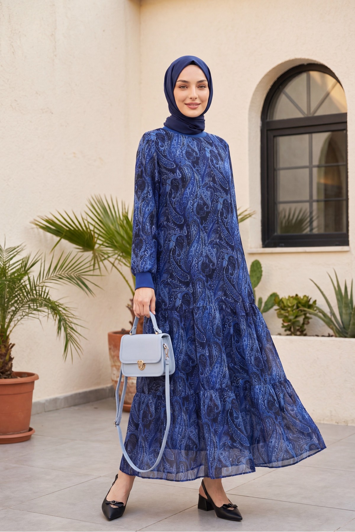 Ethnic Pattern Skirt Piece Lined Chiffon Dress -Navy blue