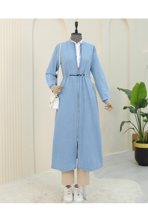 Elastic Waist Tunnel Laced Zippered Jeans Cap  -Light blue