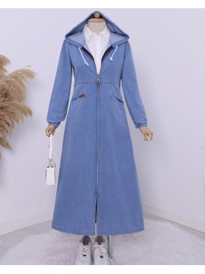 Yan Cepli Kolu Lastikli Kapşonlu Kot Kap  -Mavi