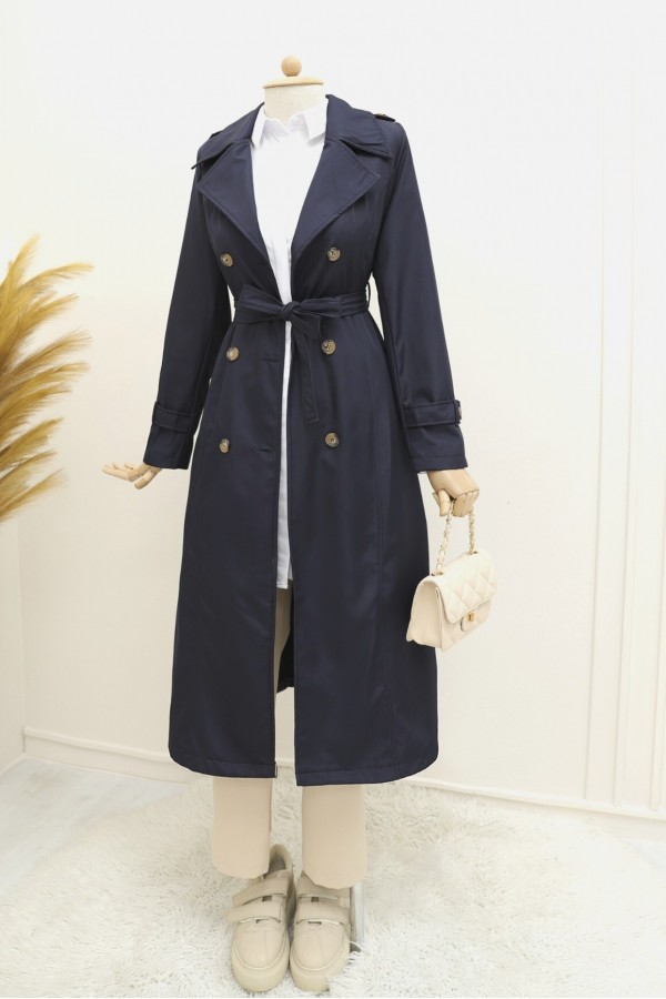 Lined Belt Trench Coat -Navy blue