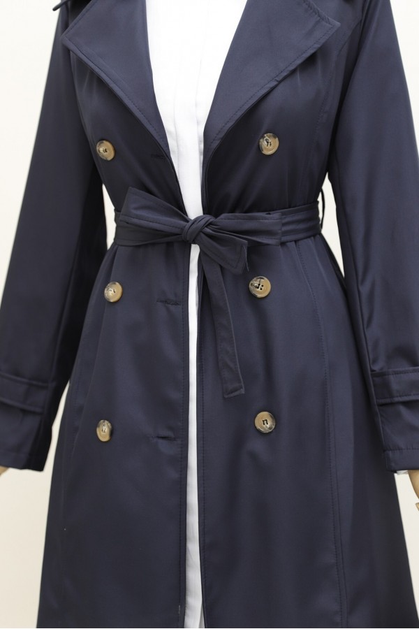 Lined Belt Trench Coat -Navy blue