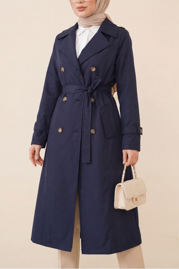 Lined Belt Trench Coat -Navy blue