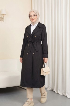 Astarlı Kemerli Trenckot -Siyah