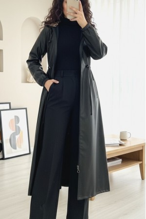 Tünel Bağcıklı Kapşonlu Uzun Deri Kap -Siyah