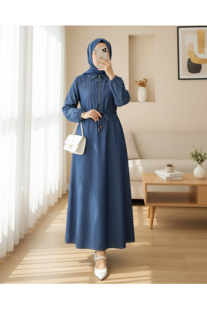 فستان من الدنيم مزين بسحاب نصف نفق -اللون النيلي