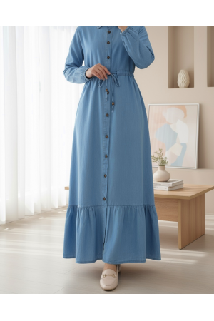Tunnel Laced Buttoned Denim Dress -İndigo