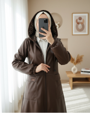 Zippered Faux Leather Cap with Bag Pocket -Brown