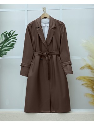 Kemerli Yan Cepli Deri Trenckot -Kahve