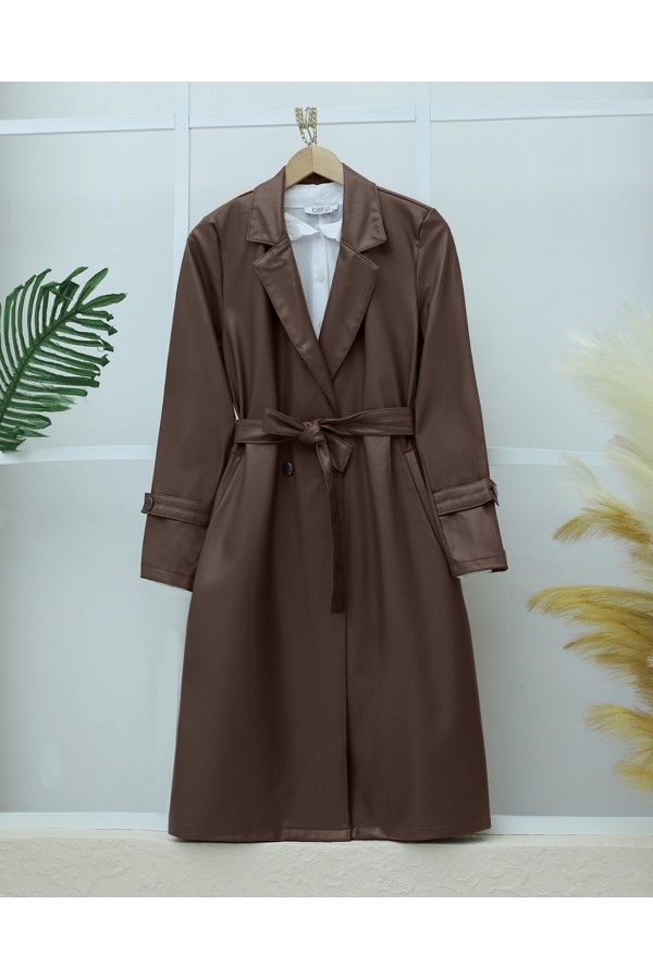 Belted Leather Trench Coat with Side Pockets -Brown